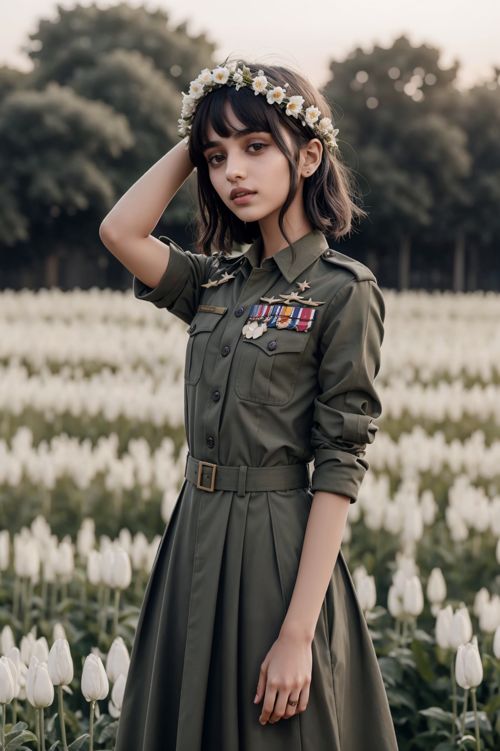 (masterpiece morbid,  best quality,  dusk:1.3),  a cute pakistan girl,  olive skin,  pixie hair with parted bangs,  grey, ...